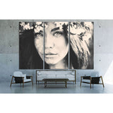 Black and white portrait of beautiful romantic lady in a wreath of apple trees №2778 Ready to Hang Canvas Print