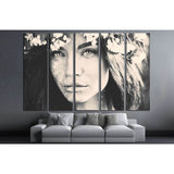 Black and white portrait of beautiful romantic lady in a wreath of apple trees №2778 Ready to Hang Canvas Print