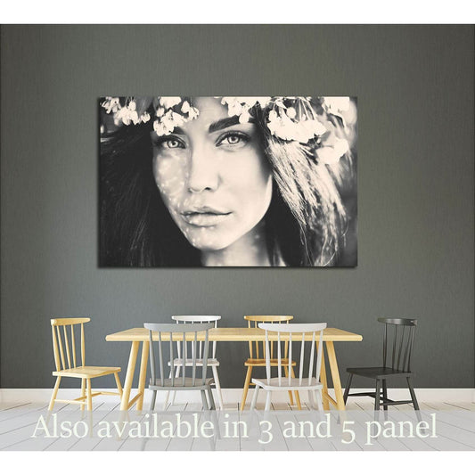Black and white portrait of beautiful romantic lady in a wreath of apple trees №2778 Ready to Hang Canvas Print - Zellart Canvas Prints ALL_Products, s-2778