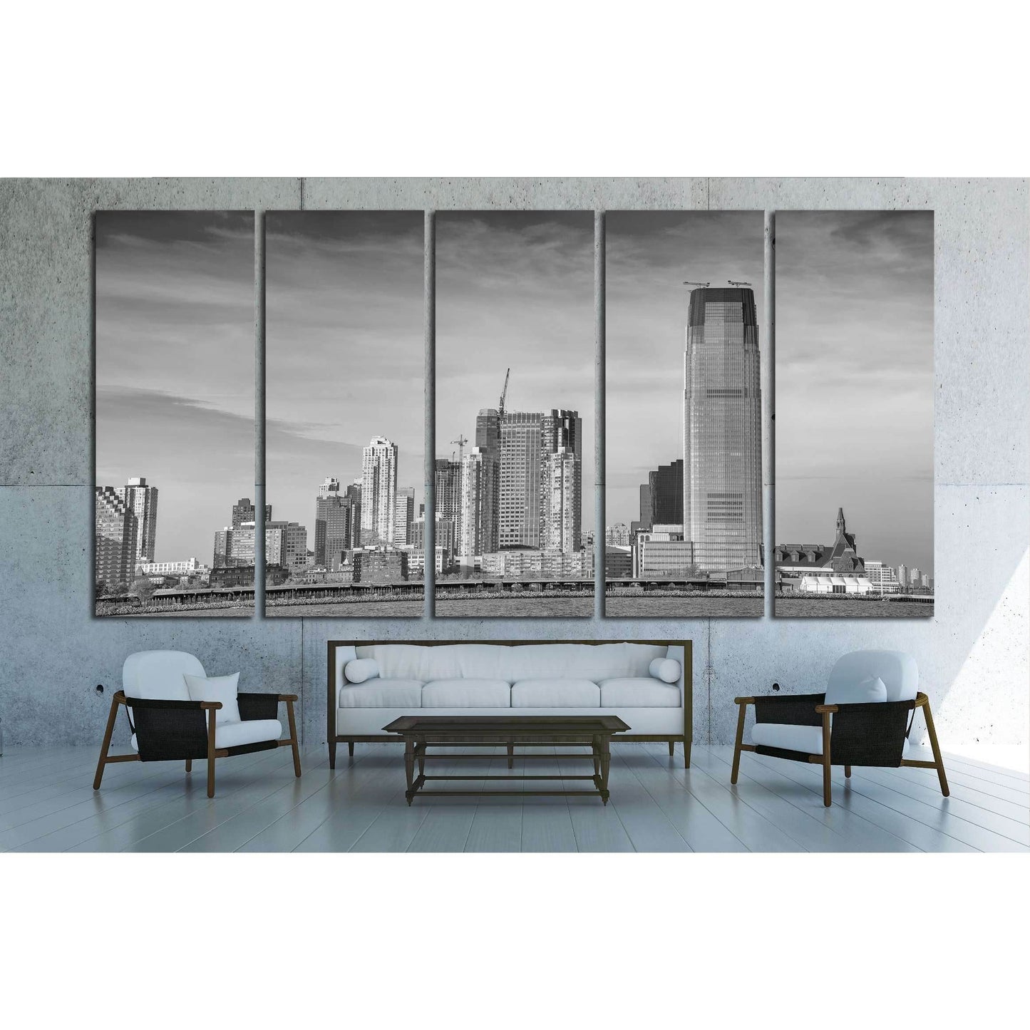 Black and white view of Jersey City skyline №1709 Ready to Hang Canvas Print - Zellart Canvas Prints ALL_Products, s-1709
