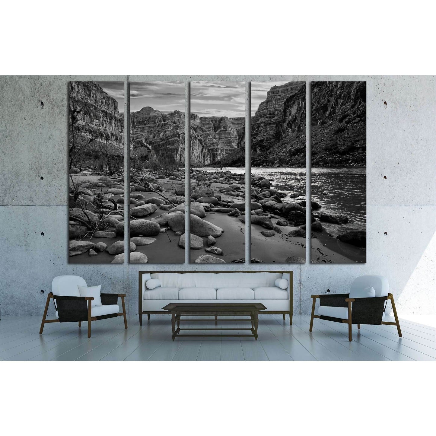 Black and white view of the Grand Canyon from the Colorado River №2936 Ready to Hang Canvas Print - Zellart Canvas Prints ALL_Products, s-2936