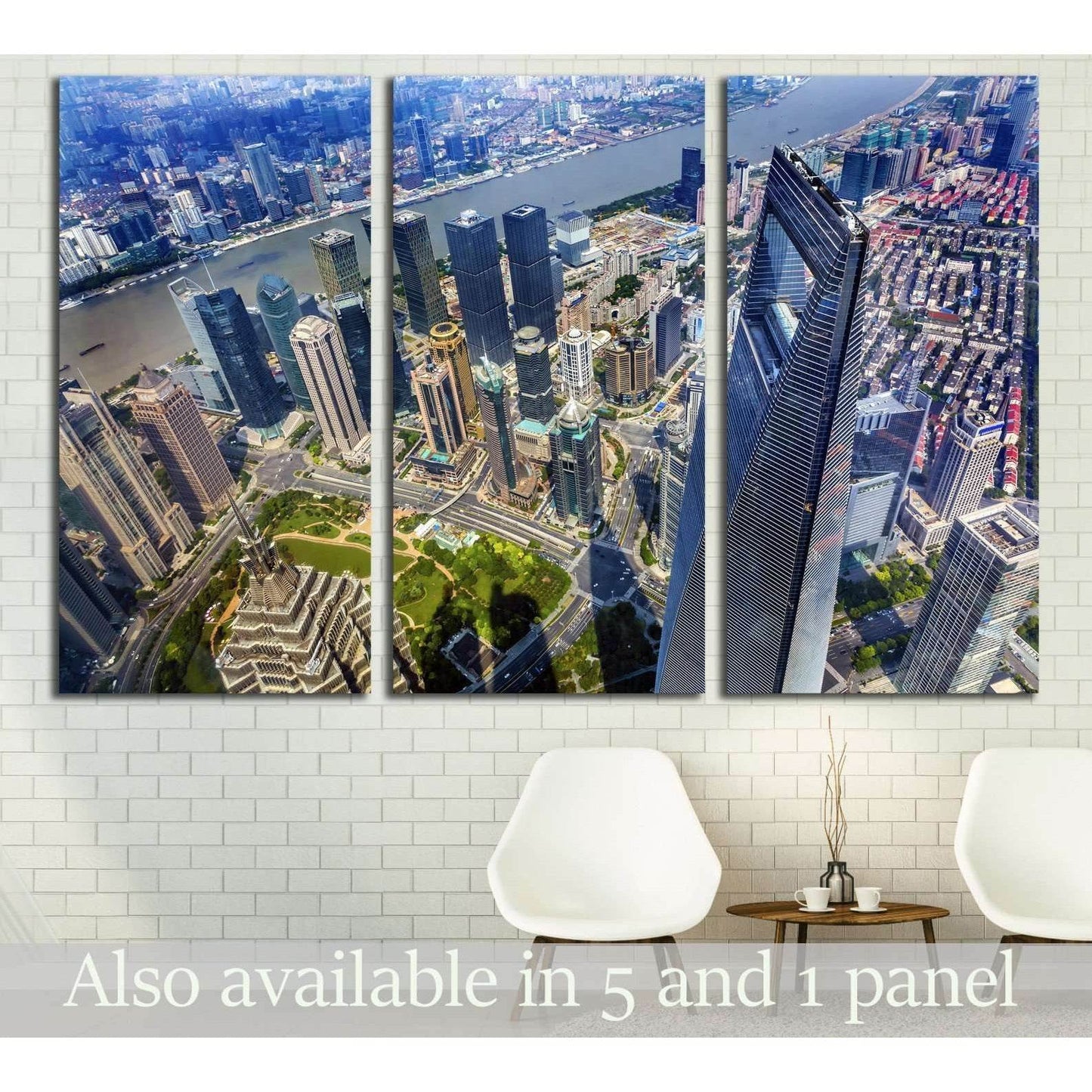 Shanghai World Financial Center triptych canvas print with aerial skyline view above chairs in a modern office