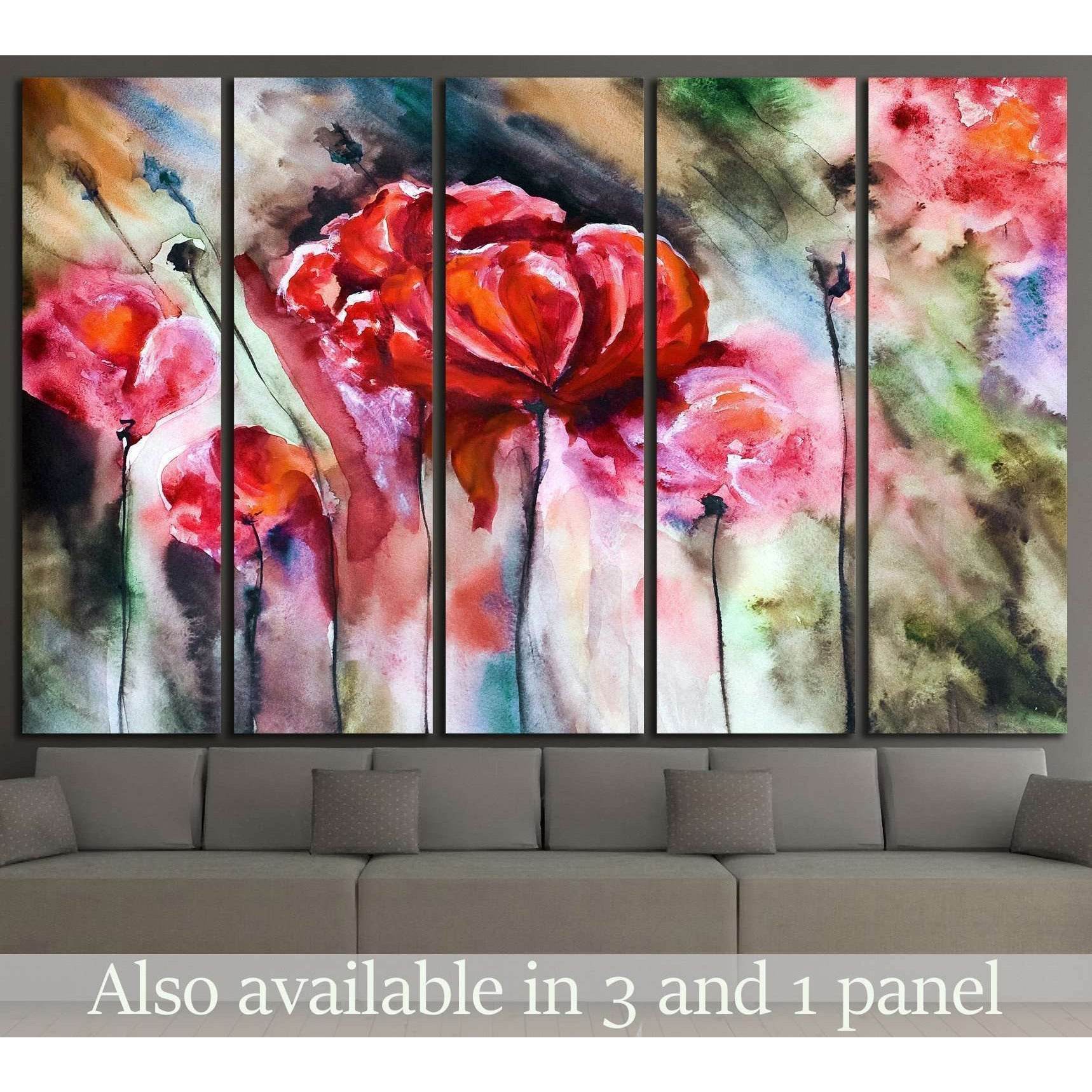 Blossoming poppy drawn by water color №1334 Ready to Hang Canvas Print - Zellart Canvas Prints ALL_Products, s-1334