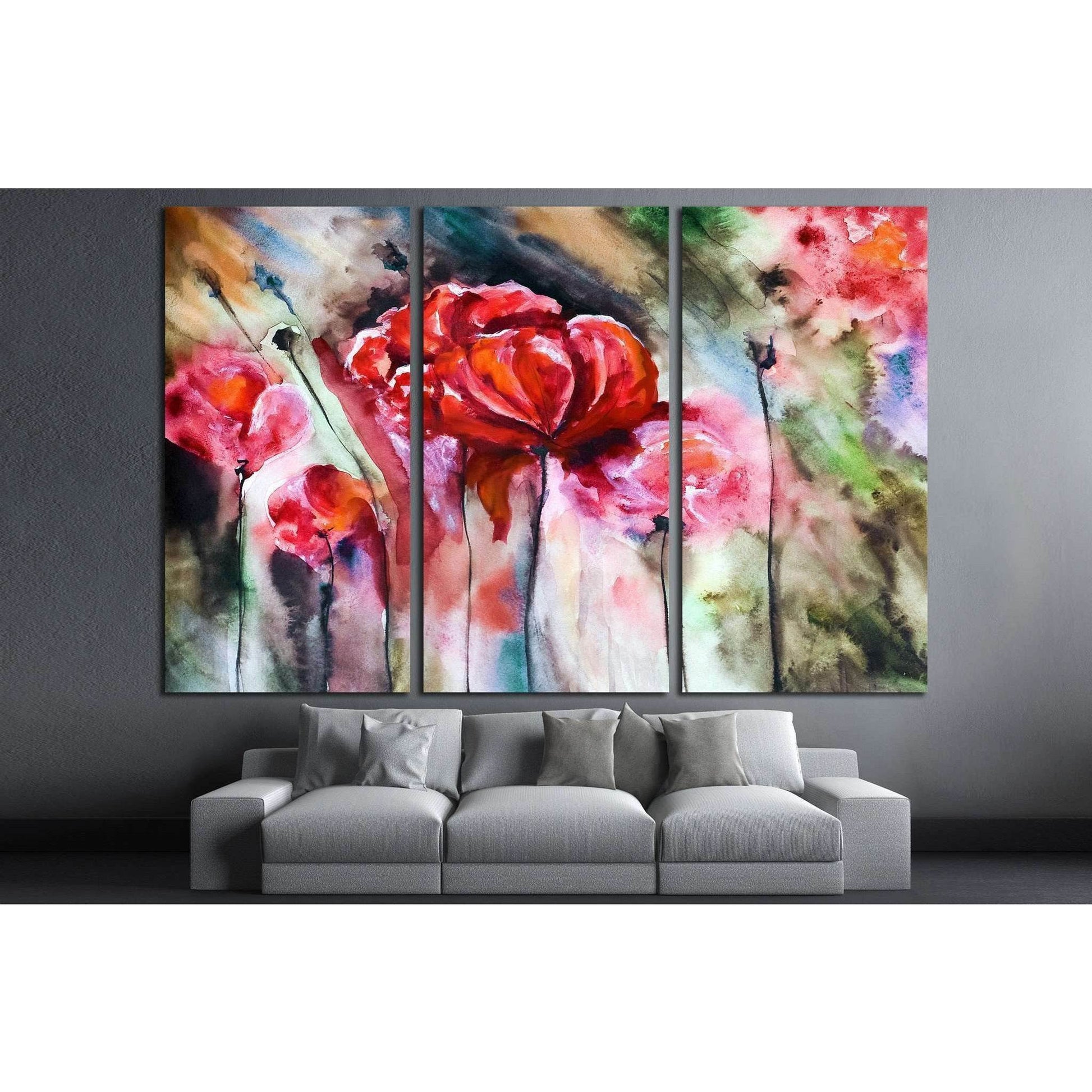 Blossoming poppy drawn by water color №1334 Ready to Hang Canvas Print - Zellart Canvas Prints ALL_Products, s-1334