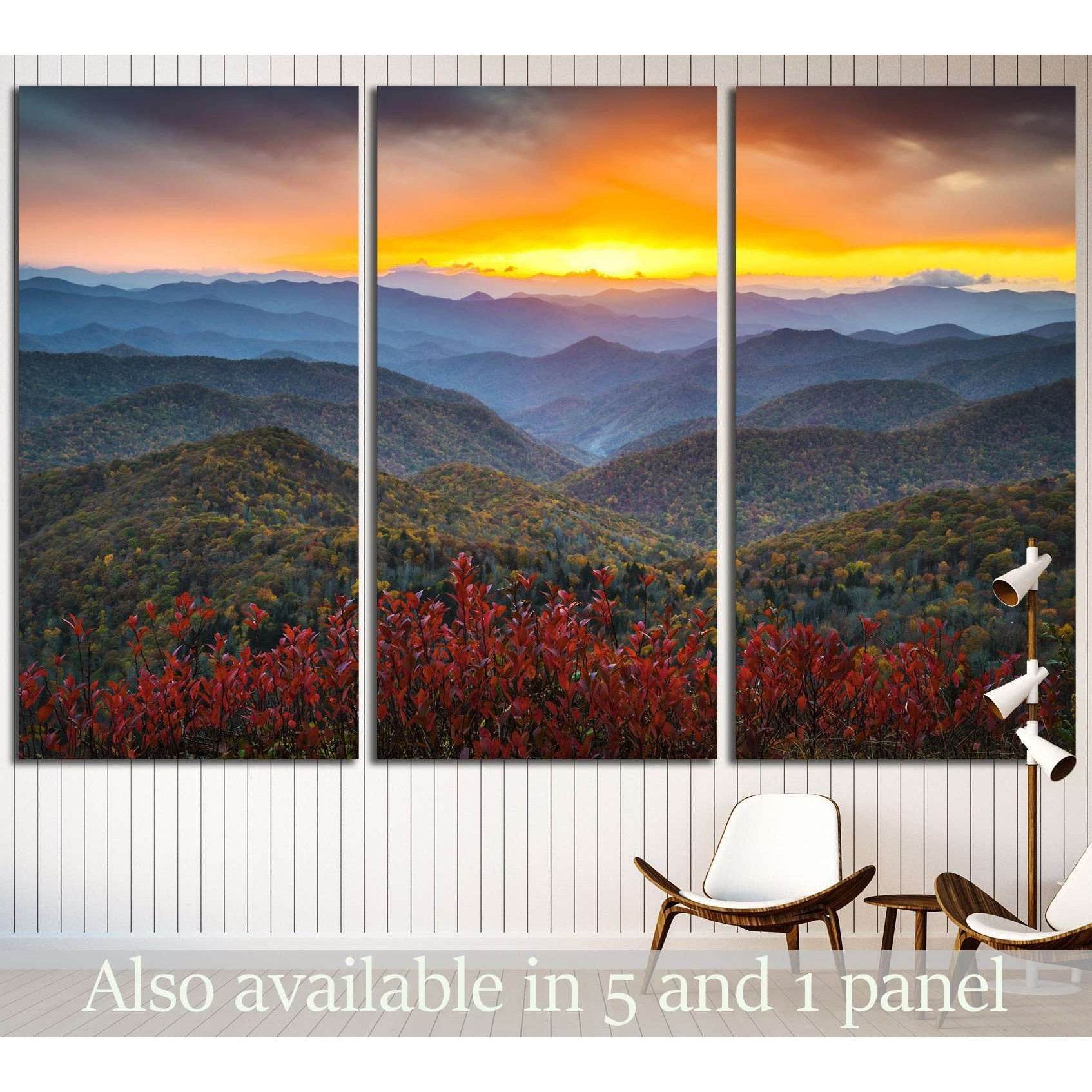 Autumn Sunset Over Mountains Canvas Print for Warm Home DecorThis canvas print portrays a vibrant autumnal sunset over a mountain range, with the warm colors of the foliage providing a stark contrast against the cool blues of the distant peaks, creating a