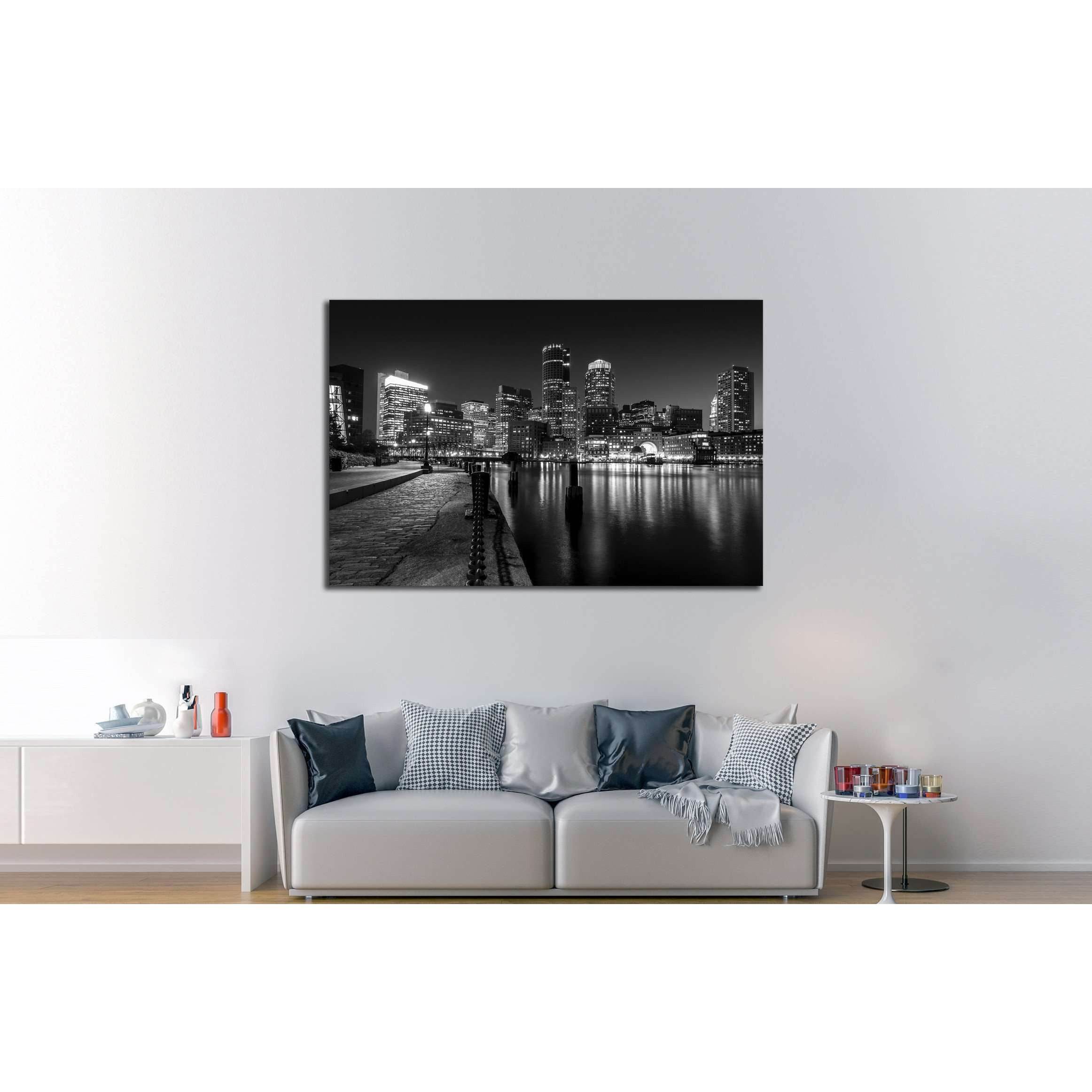 Boston Harbor at night in Black and White. Massachusetts, USA №2143 Ready to Hang Canvas Print