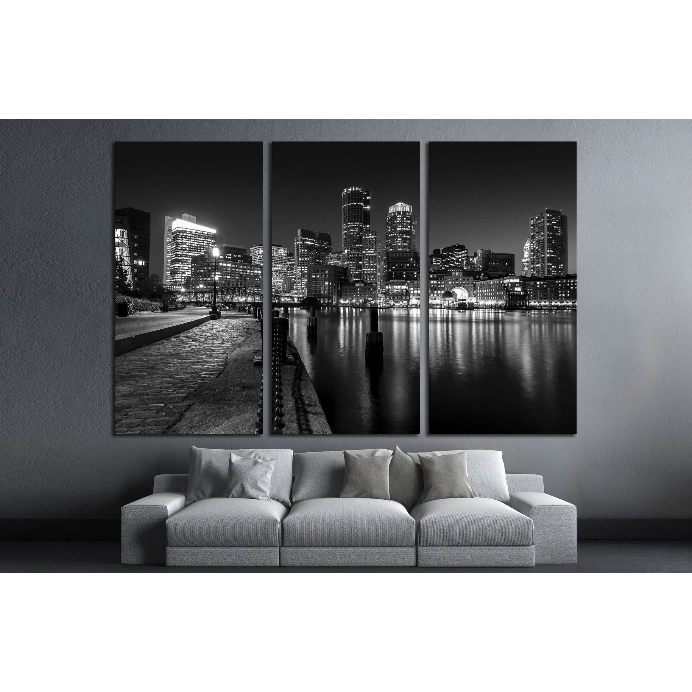 Boston Harbor at night in Black and White. Massachusetts, USA №2143 Ready to Hang Canvas Print