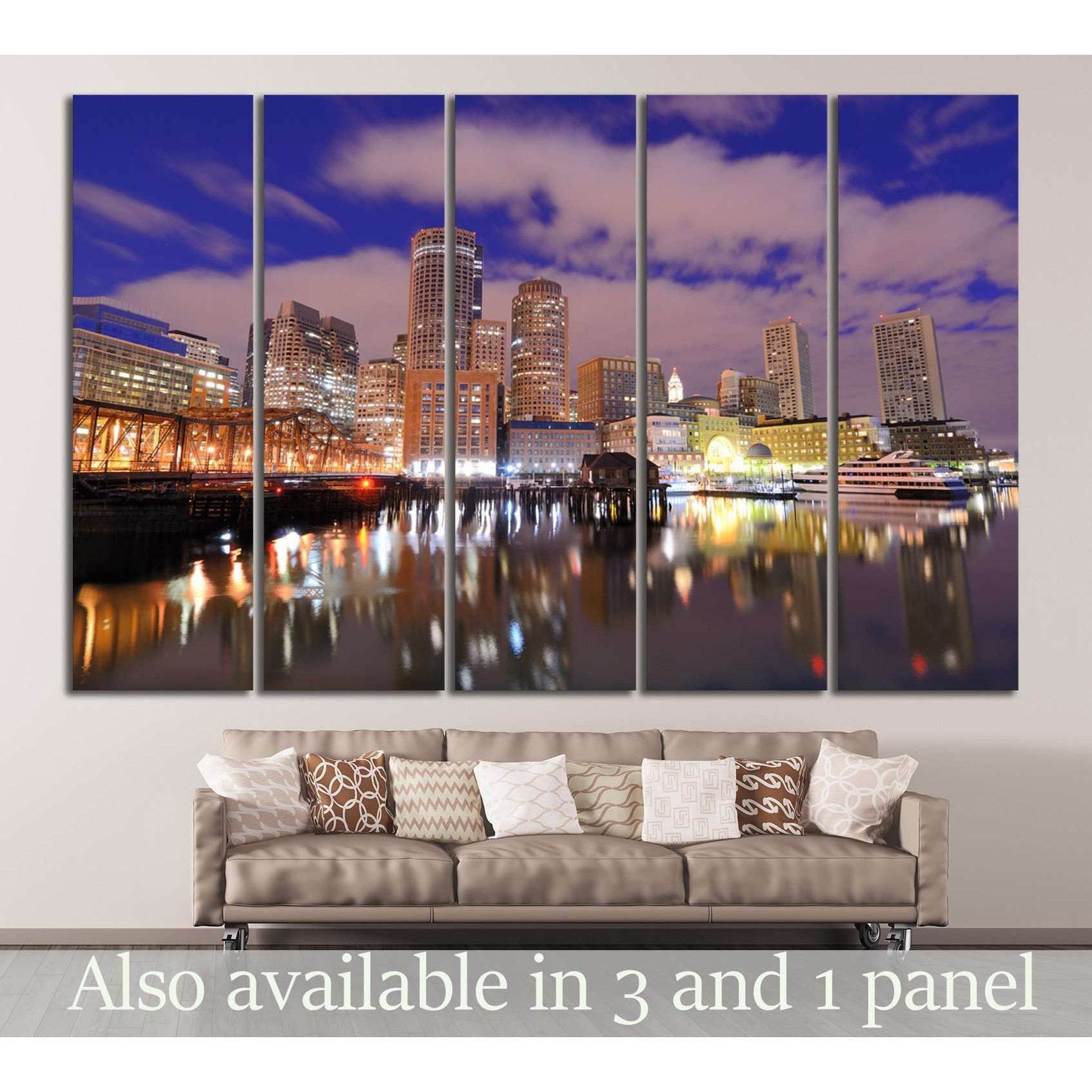 Boston skyline waterfront canvas print in five panels above a sofa with night city lights and harbor reflections