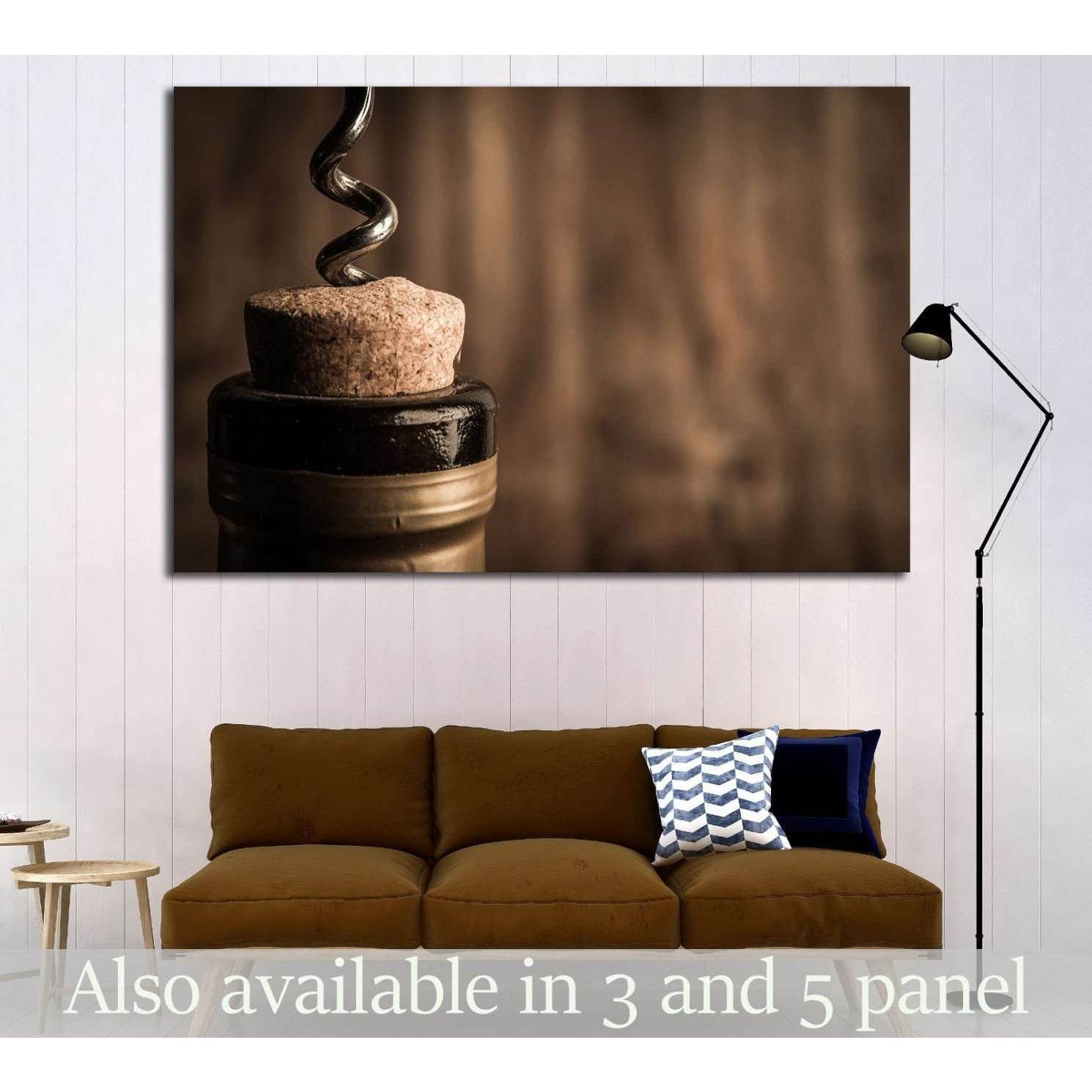 Bottle of wine with corkscrew on wooden background №1922 Ready to Hang Canvas Print