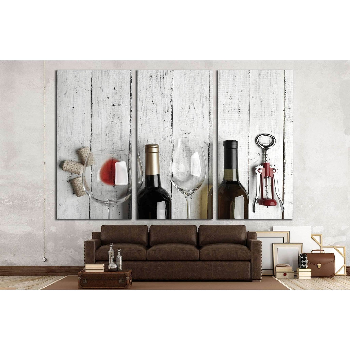 Bottles of wine, glass and corkscrew on wooden table №1919 Ready to Hang Canvas Print - Zellart Canvas Prints ALL_Products, s-1919