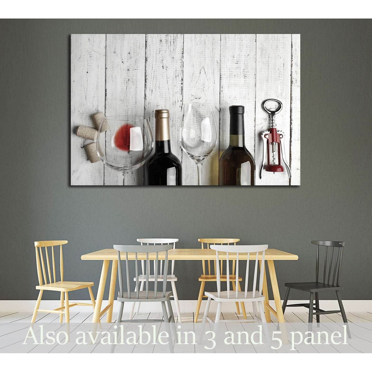 Bottles of wine, glass and corkscrew on wooden table №1919 Ready to Hang Canvas Print