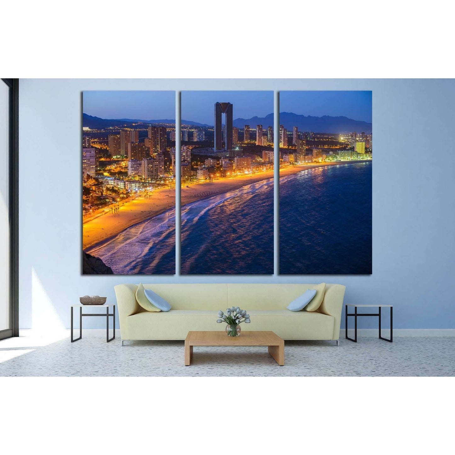 Breathtaking night view of the coastline in Benidorm with high buildings, mountains, sea and city lights №2209 Ready to Hang Canvas PrintCanvas art arrives ready to hang, with hanging accessories included and no additional framing required. Every canvas p