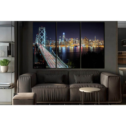 Bridge And Cityscape At Night №SL1457 Ready to Hang Canvas Print - Zellart Canvas Prints 0new, ALL_Products, CITYSCAPES & SKYLINES