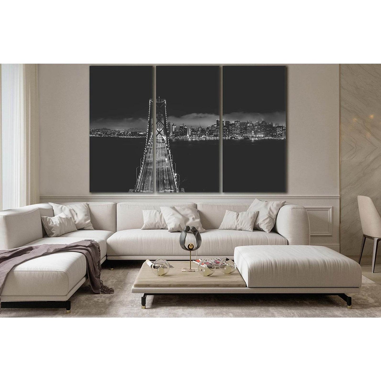 Bridge Near City Buildings Black And White №SL849 Ready to Hang Canvas Print - Zellart Canvas Prints 0new, ALL_Products, Black & White Wall Art