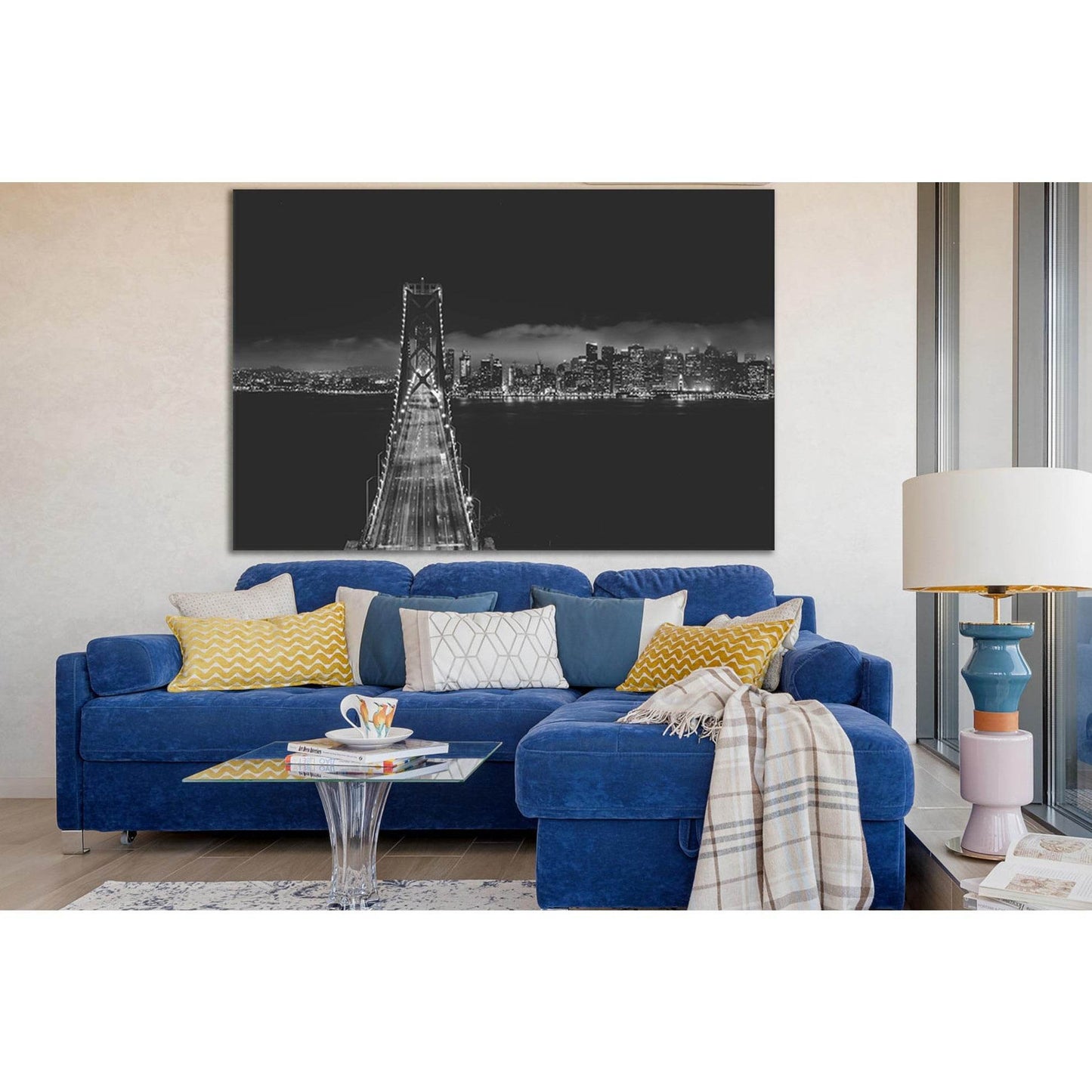 Bridge Near City Buildings Black And White №SL849 Ready to Hang Canvas Print - Zellart Canvas Prints 0new, ALL_Products, Black & White Wall Art