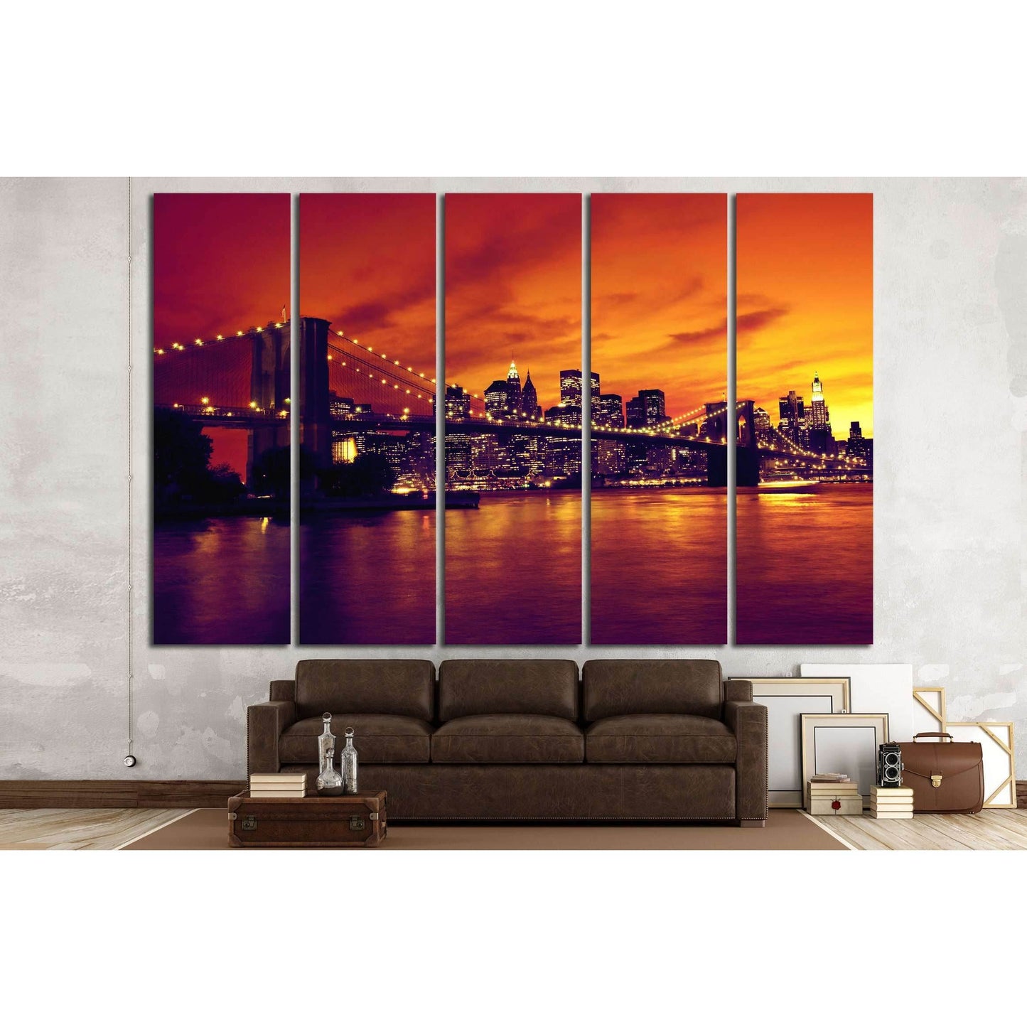 Brooklyn Bridge and Manhattan at sunset, New York, orange tone №2633 Ready to Hang Canvas Print - Zellart Canvas Prints 0_NY_ART, ALL_Products, s-2633