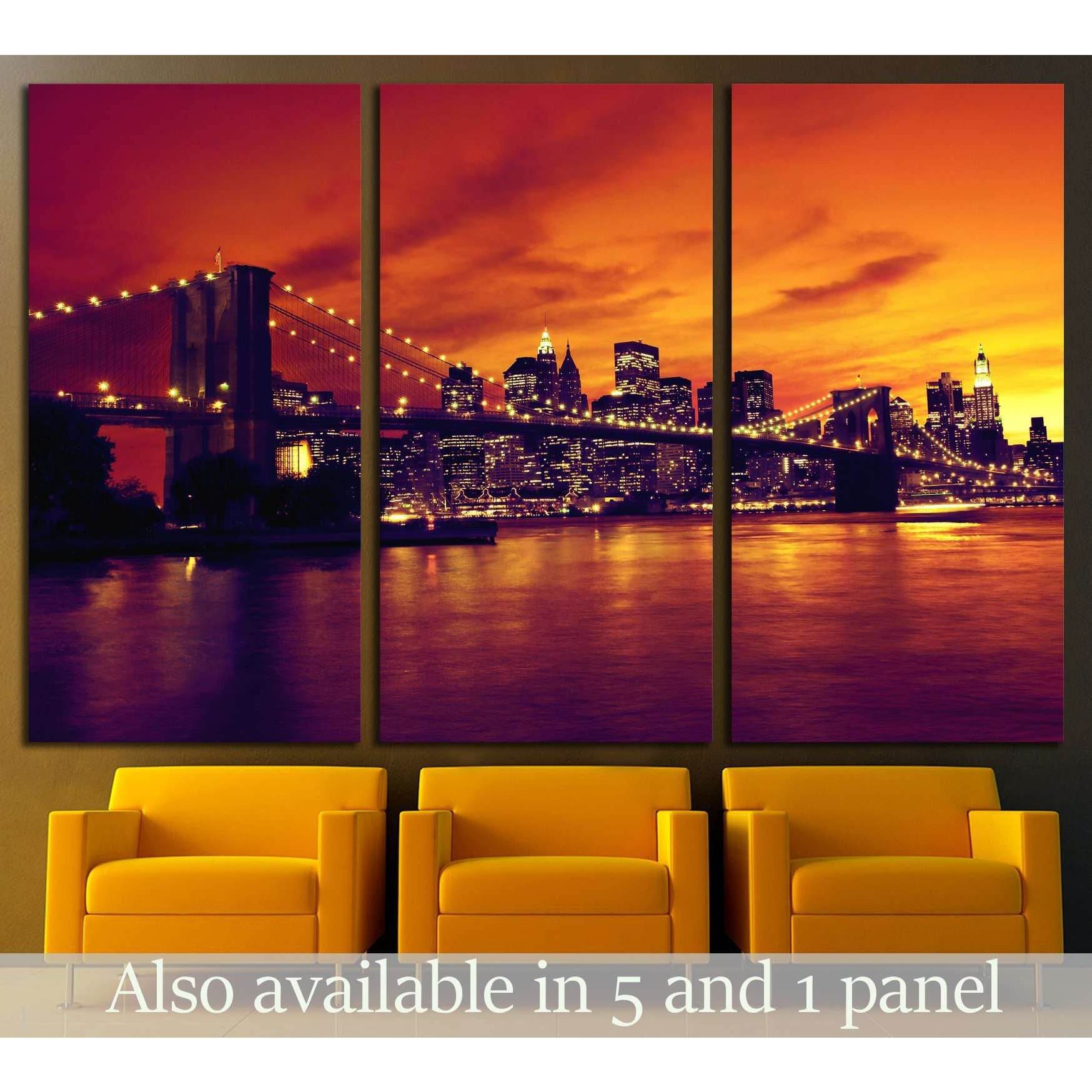 Brooklyn Bridge and Manhattan at sunset, New York, orange tone №2633 Ready to Hang Canvas Print - Zellart Canvas Prints 0_NY_ART, ALL_Products, s-2633