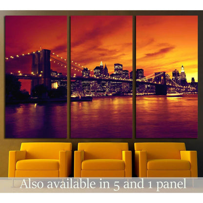 Brooklyn Bridge and Manhattan at sunset, New York, orange tone №2633 Ready to Hang Canvas Print - Zellart Canvas Prints 0_NY_ART, ALL_Products, s-2633