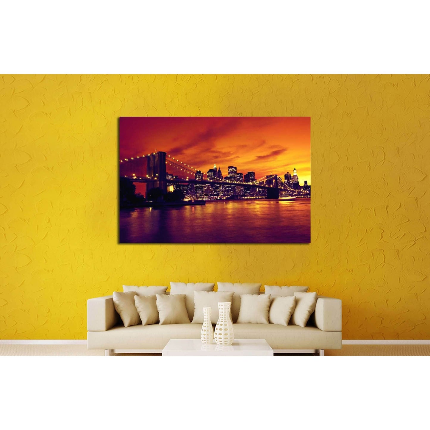Brooklyn Bridge and Manhattan at sunset, New York, orange tone №2633 Ready to Hang Canvas Print - Zellart Canvas Prints 0_NY_ART, ALL_Products, s-2633