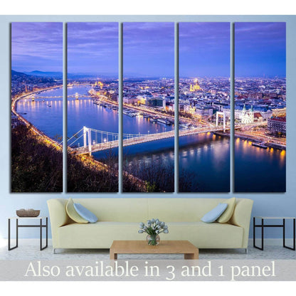 Budapest skyline canvas print above sofa with Danube river and Elizabeth Bridge at dusk