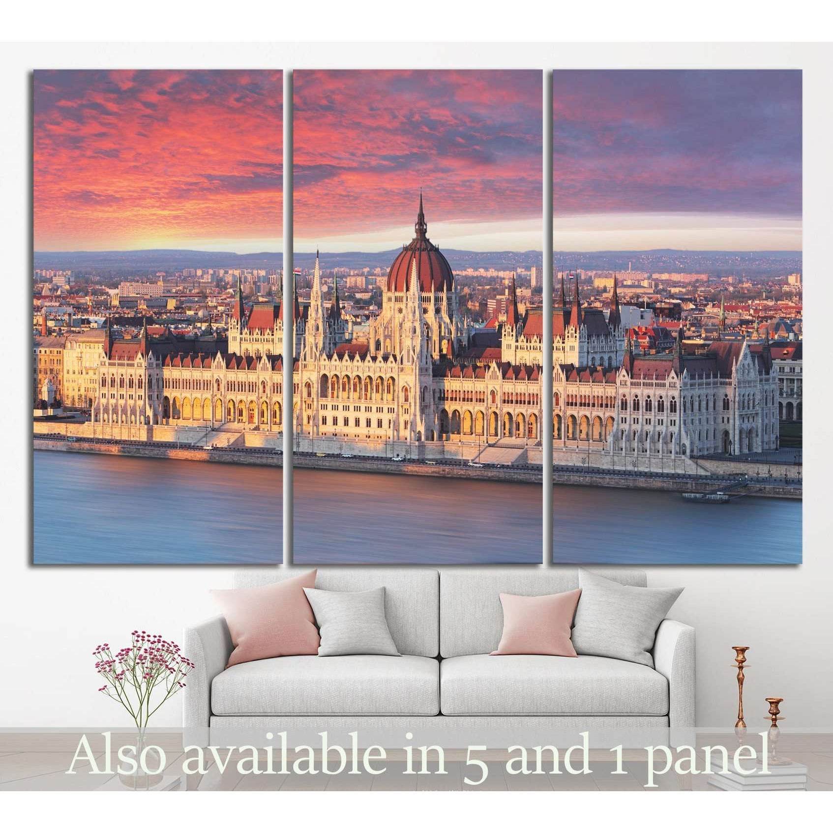 Budapest parliament at dramatic sunrise №1136 Ready to Hang Canvas Print