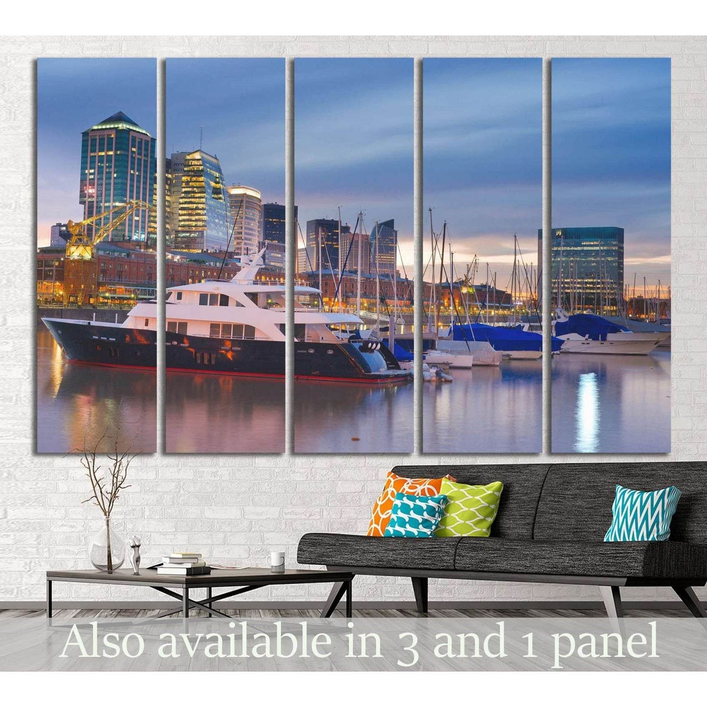 Buenos Aires marina canvas print with yachts and skyline at dusk above sofa in modern living room