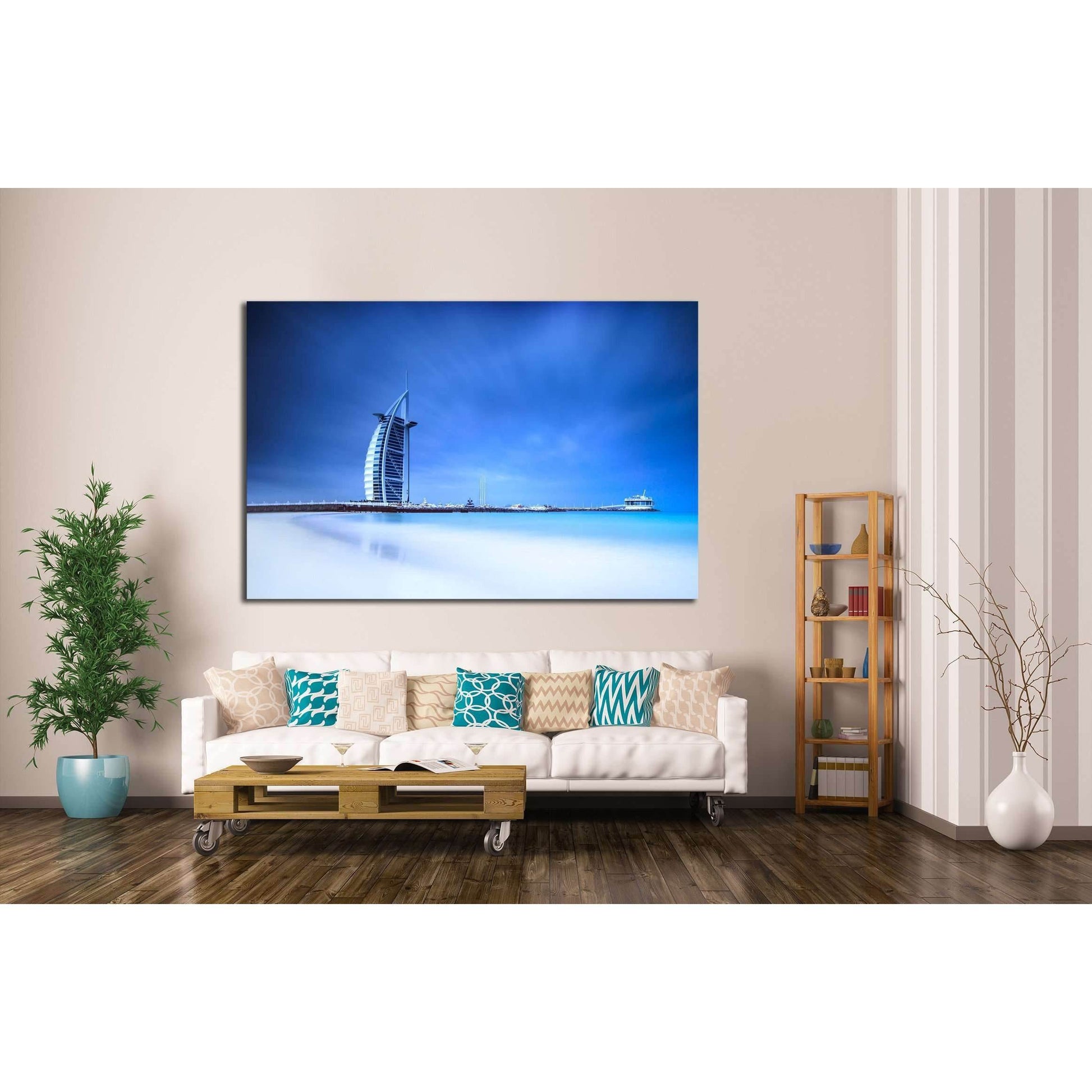 Burj Al Arab hotel on Jumeirah beach in Dubai, modern architecture, luxury beach resort, summer vacation and tourism concept №2268 Ready to Hang Canvas PrintCanvas art arrives ready to hang, with hanging accessories included and no additional framing requ