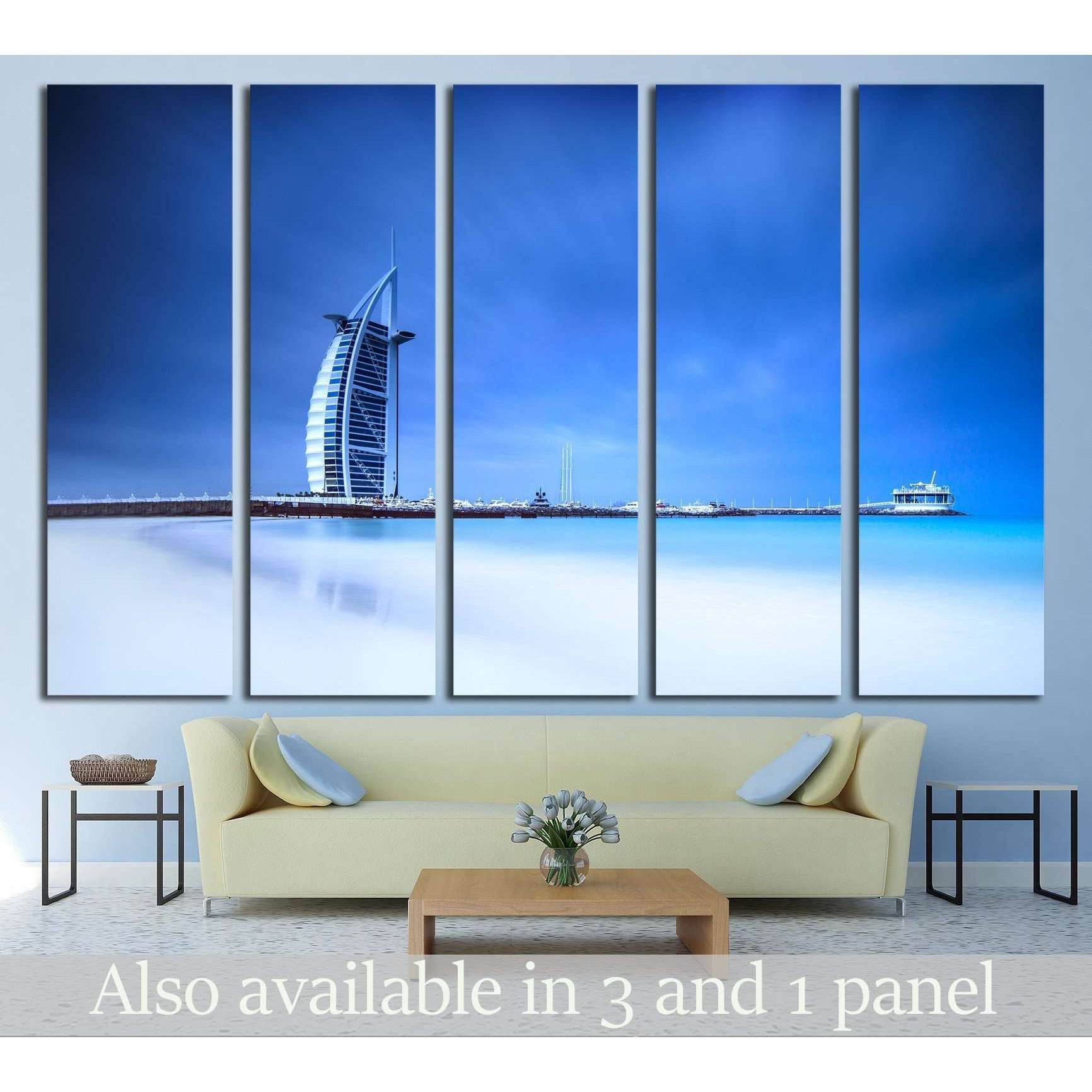 Burj Al Arab hotel on Jumeirah beach in Dubai, modern architecture, luxury beach resort, summer vacation and tourism concept №2268 Ready to Hang Canvas Print