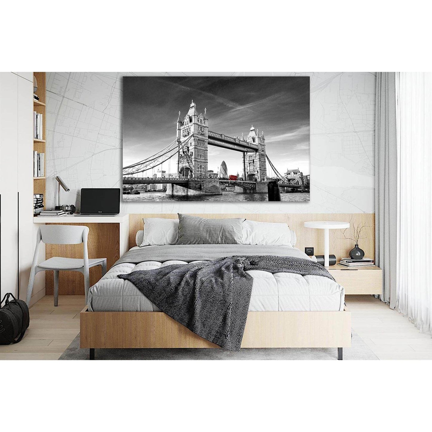Bus Driving Across Tower Bridge №SL876 Ready to Hang Canvas Print - Zellart Canvas Prints 0new, ALL_Products, Black & White Wall Art