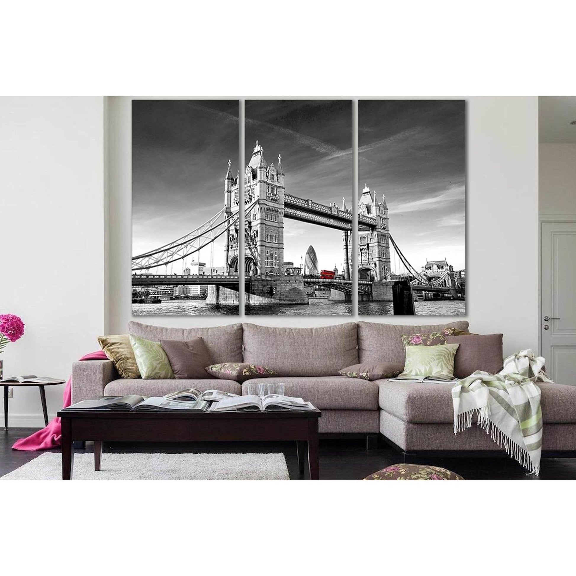 Bus Driving Across Tower Bridge №SL876 Ready to Hang Canvas Print - Zellart Canvas Prints 0new, ALL_Products, Black & White Wall Art