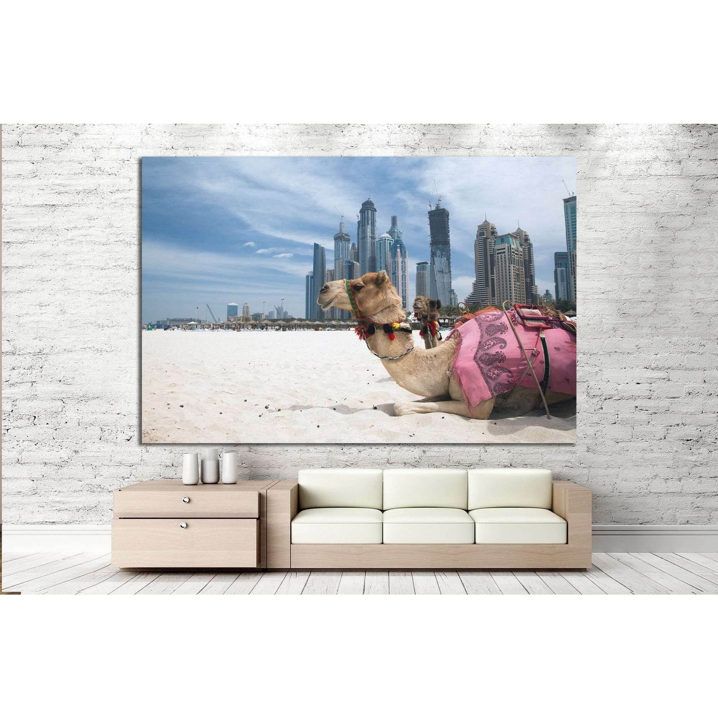 Camel at the urban background of Dubai №1135 Ready to Hang Canvas PrintCanvas art arrives ready to hang, with hanging accessories included and no additional framing required. Every canvas print is hand-crafted, made on-demand at our workshop and expertly
