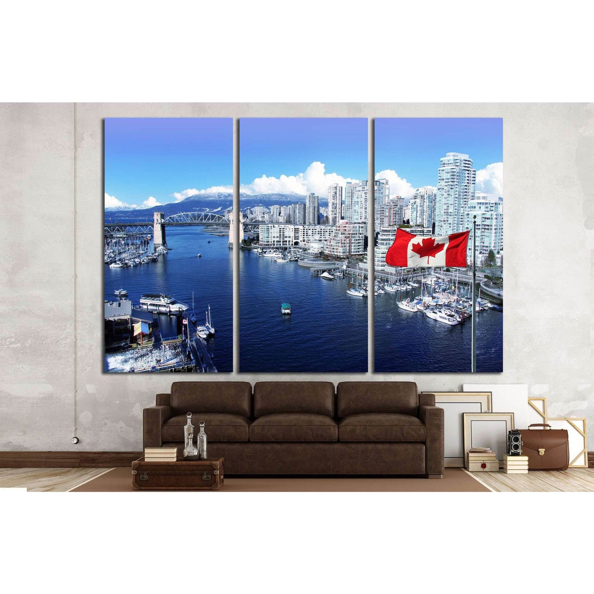 Canadian flag, False Creek, Burrard street bridge, Vancouver, Canada №1269 Ready to Hang Canvas Print - Zellart Canvas Prints ALL_Products, s-1269