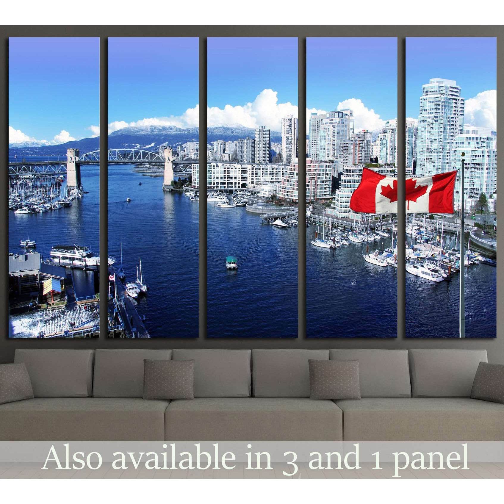 Canadian flag, False Creek, Burrard street bridge, Vancouver, Canada №1269 Ready to Hang Canvas Print