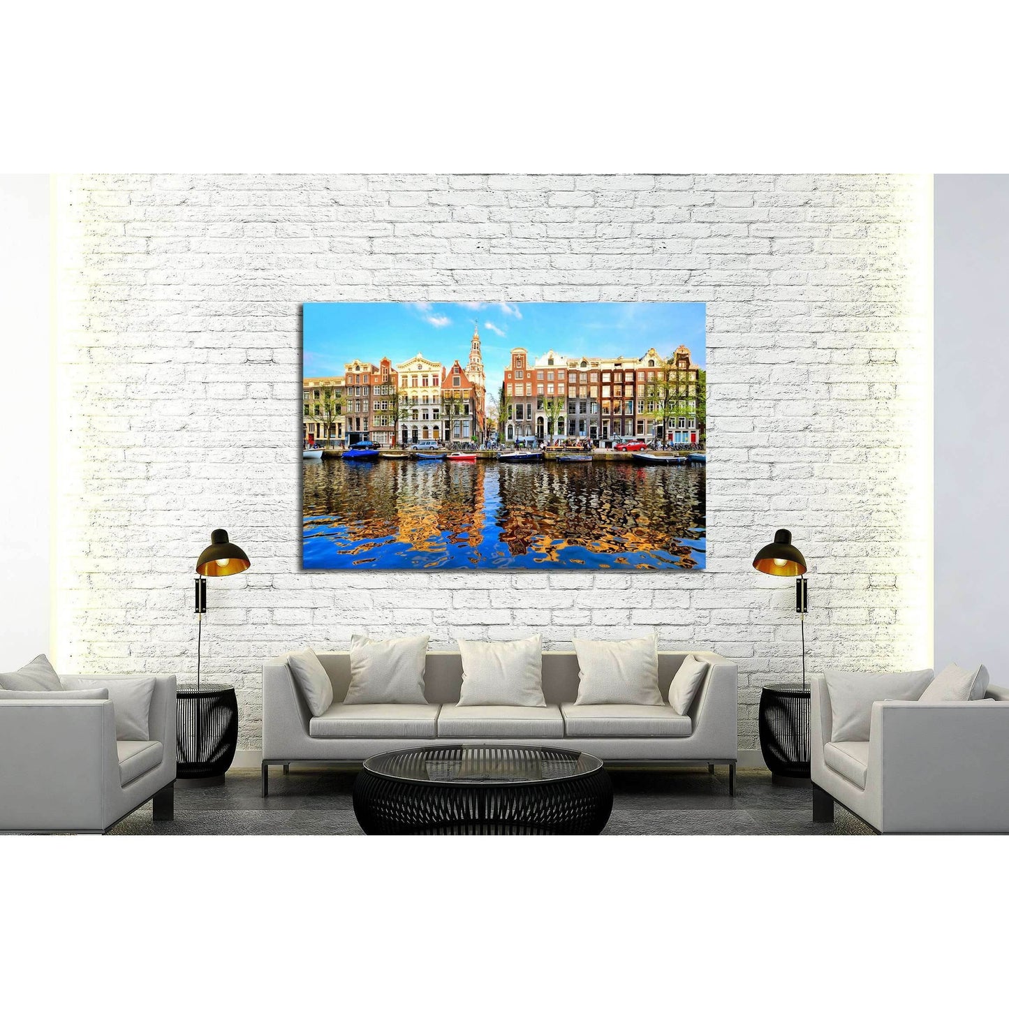 Canal houses of Amsterdam at dusk with vibrant reflections, Netherlands №2167 Ready to Hang Canvas Print - Zellart Canvas Prints ALL_Products, s-2167