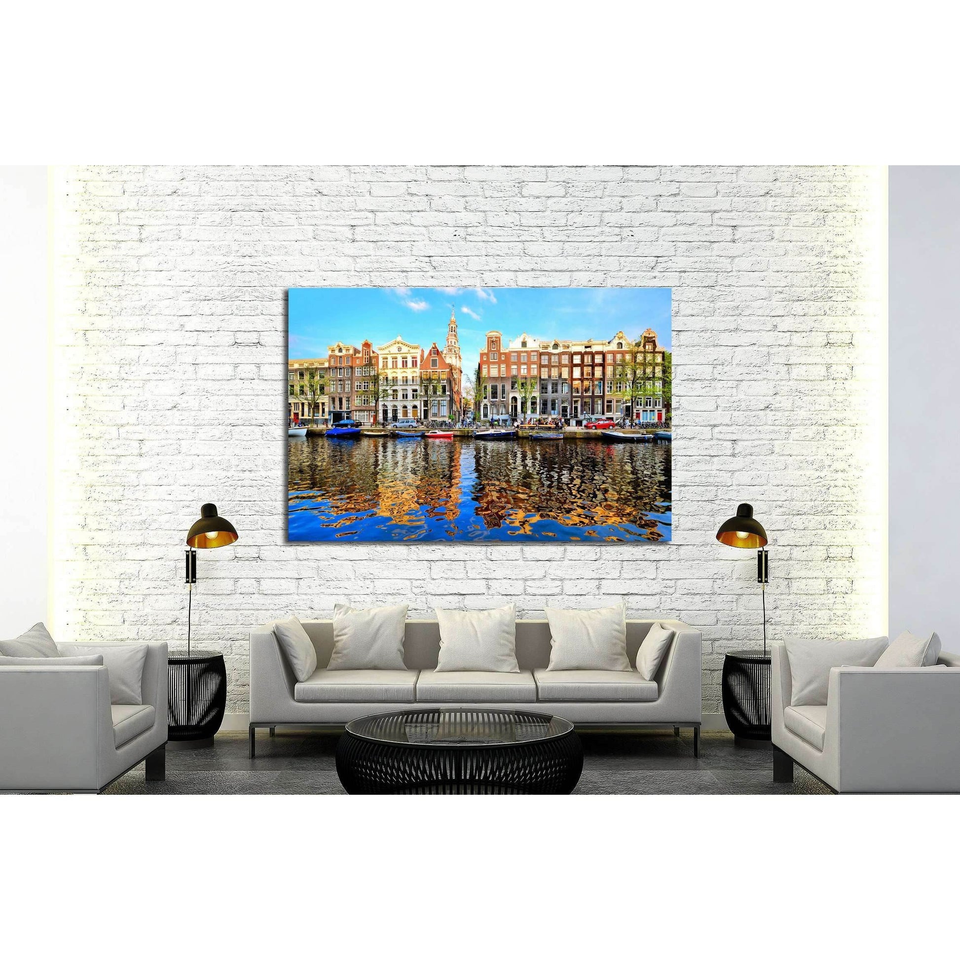 Canal houses of Amsterdam at dusk with vibrant reflections, Netherlands №2167 Ready to Hang Canvas Print - Zellart Canvas Prints ALL_Products, s-2167