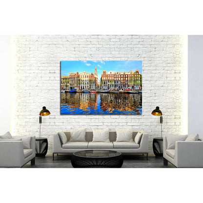 Canal houses of Amsterdam at dusk with vibrant reflections, Netherlands №2167 Ready to Hang Canvas Print - Zellart Canvas Prints ALL_Products, s-2167