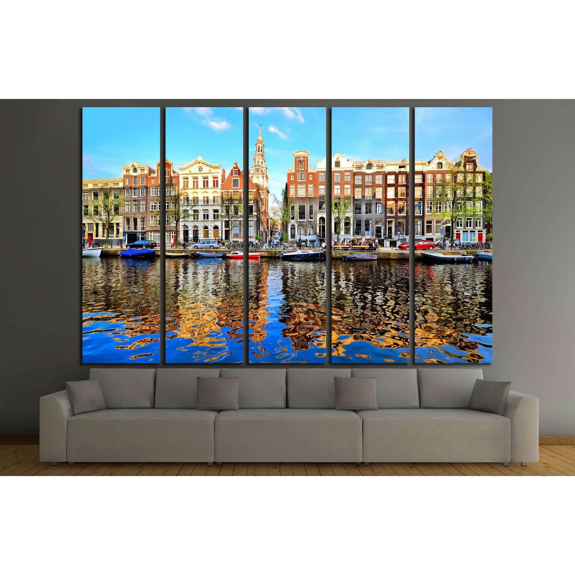 Canal houses of Amsterdam at dusk with vibrant reflections, Netherlands №2167 Ready to Hang Canvas Print - Zellart Canvas Prints ALL_Products, s-2167