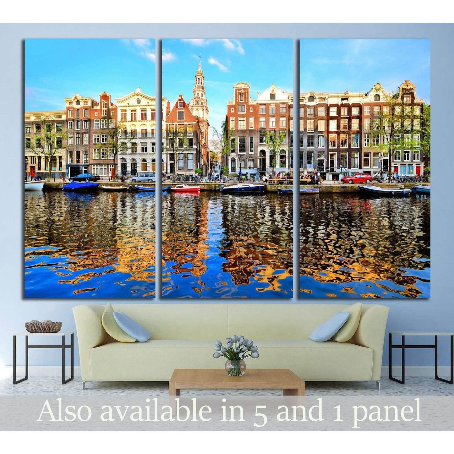 Amsterdam canal houses triptych canvas print with dusk reflections above a sofa in a modern living room