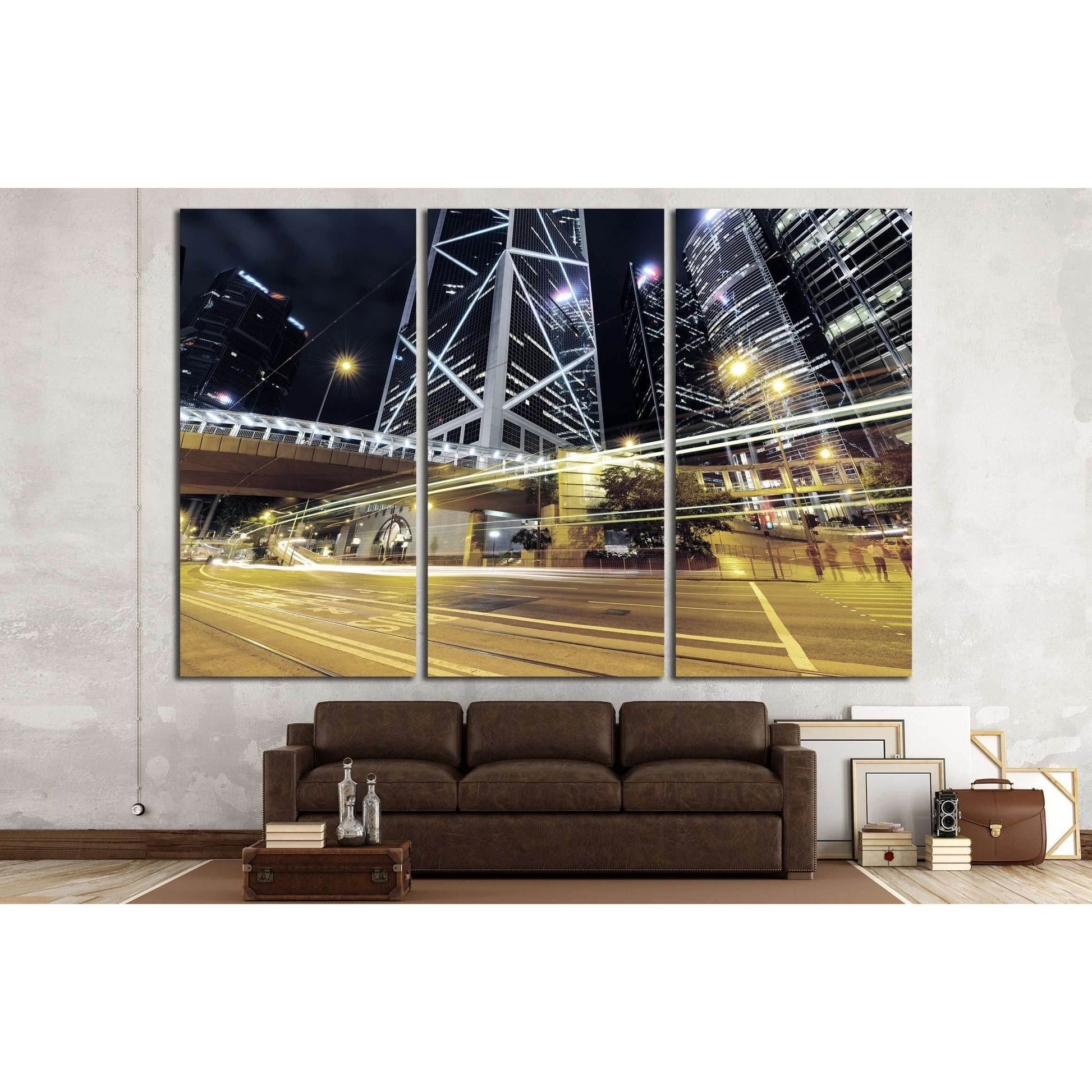 Car light trails and urban landscape in Hong Kong №2160 Ready to Hang Canvas Print - Zellart Canvas Prints ALL_Products, s-2160