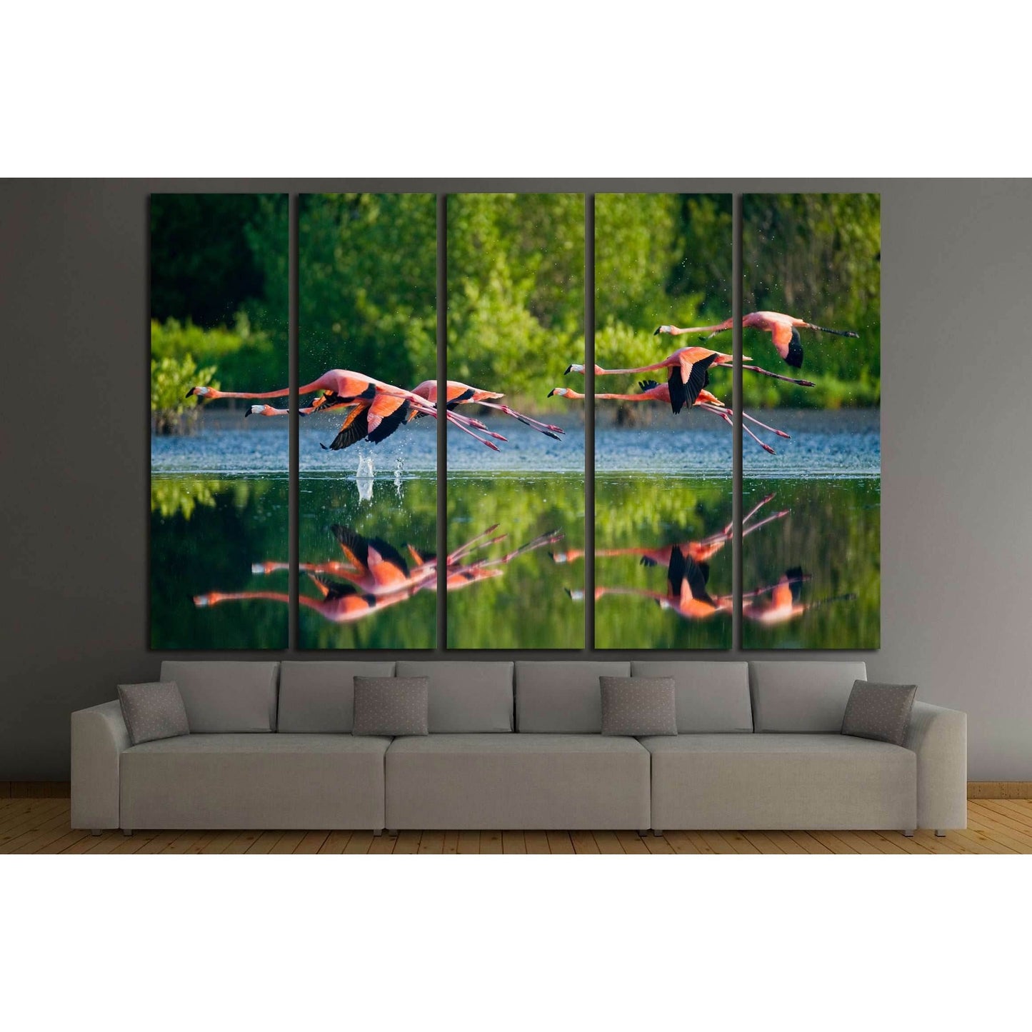 Caribbean flamingos flying over water with reflection. Cuba №3260 Ready to Hang Canvas Print - Zellart Canvas Prints ALL_Products, s-3260
