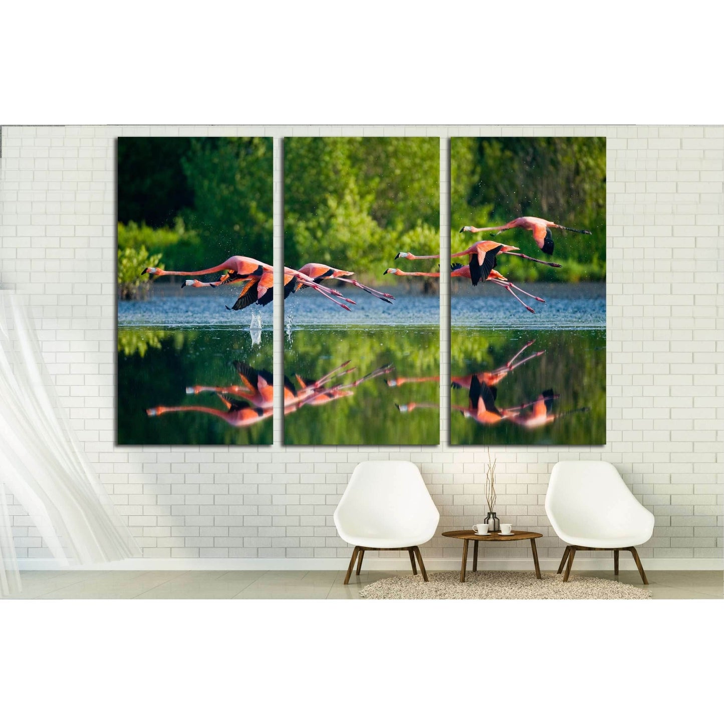 Caribbean flamingos flying over water with reflection. Cuba №3260 Ready to Hang Canvas Print - Zellart Canvas Prints ALL_Products, s-3260