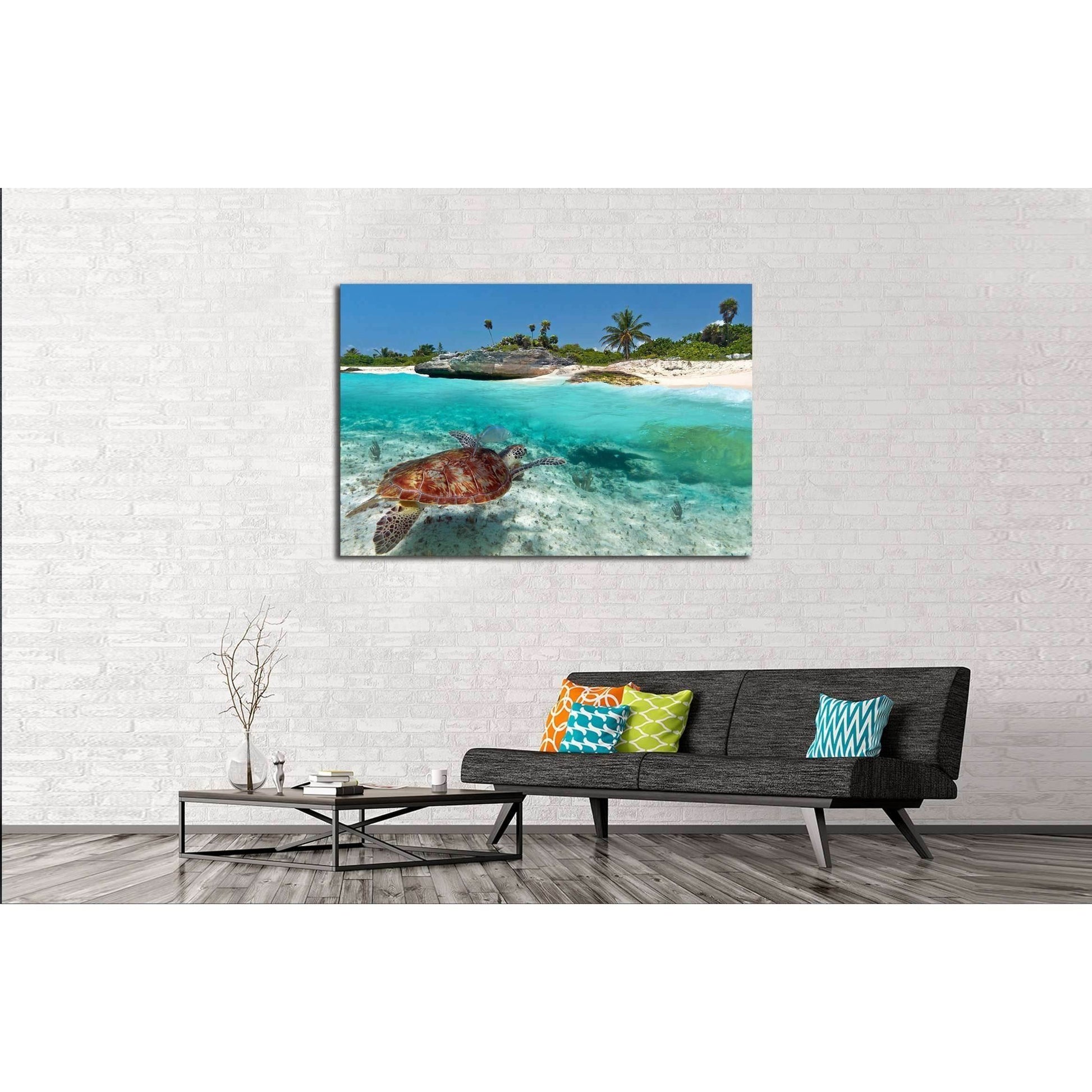 Caribbean Sea scenery with green turtle in Mexico №2502 Ready to Hang Canvas Print - Zellart Canvas Prints ALL_Products, s-2502