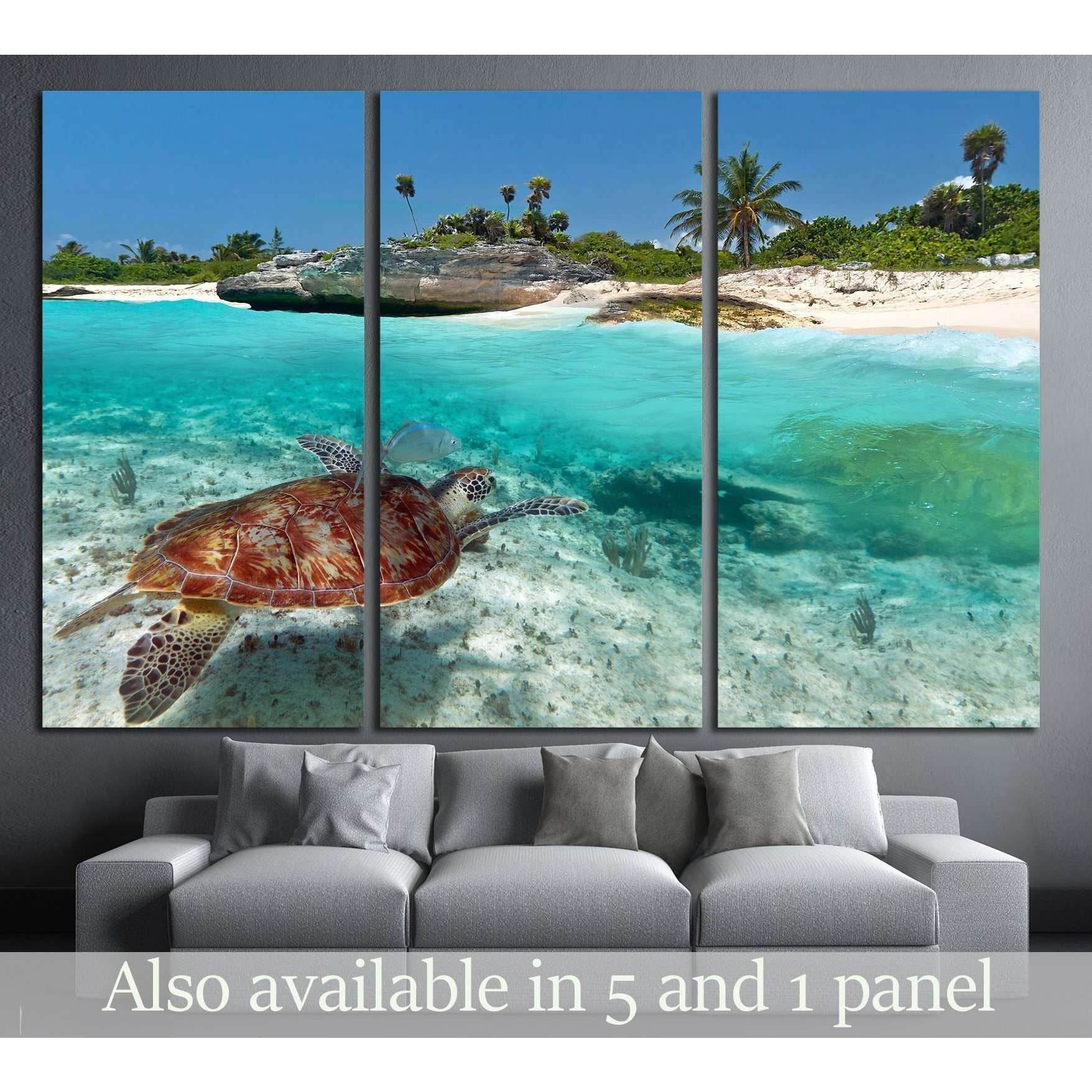 Caribbean Sea scenery with green turtle in Mexico №2502 Ready to Hang Canvas PrintThis artwork displays a vibrant canvas print depicting a turtle swimming near a sunlit tropical beach. The crystal-clear water and the lush greenery on the shore contrast wi