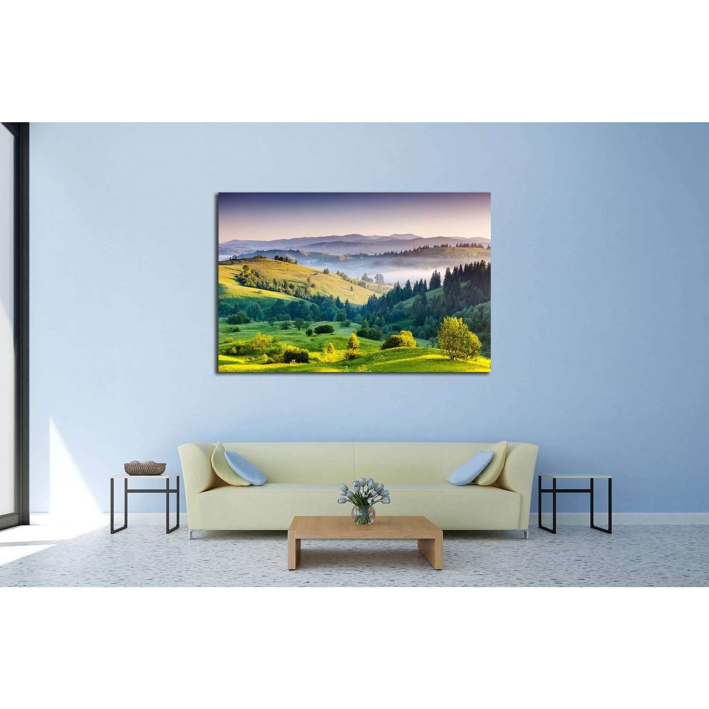 Carpathian Sunrise Landscape Canvas for Cozy Living Room DecorThis canvas print captures the rolling hills and lush greenery of the Carpathian landscape bathed in the soft light of dawn. The warm golden hues and layers of mist create a serene and inviting