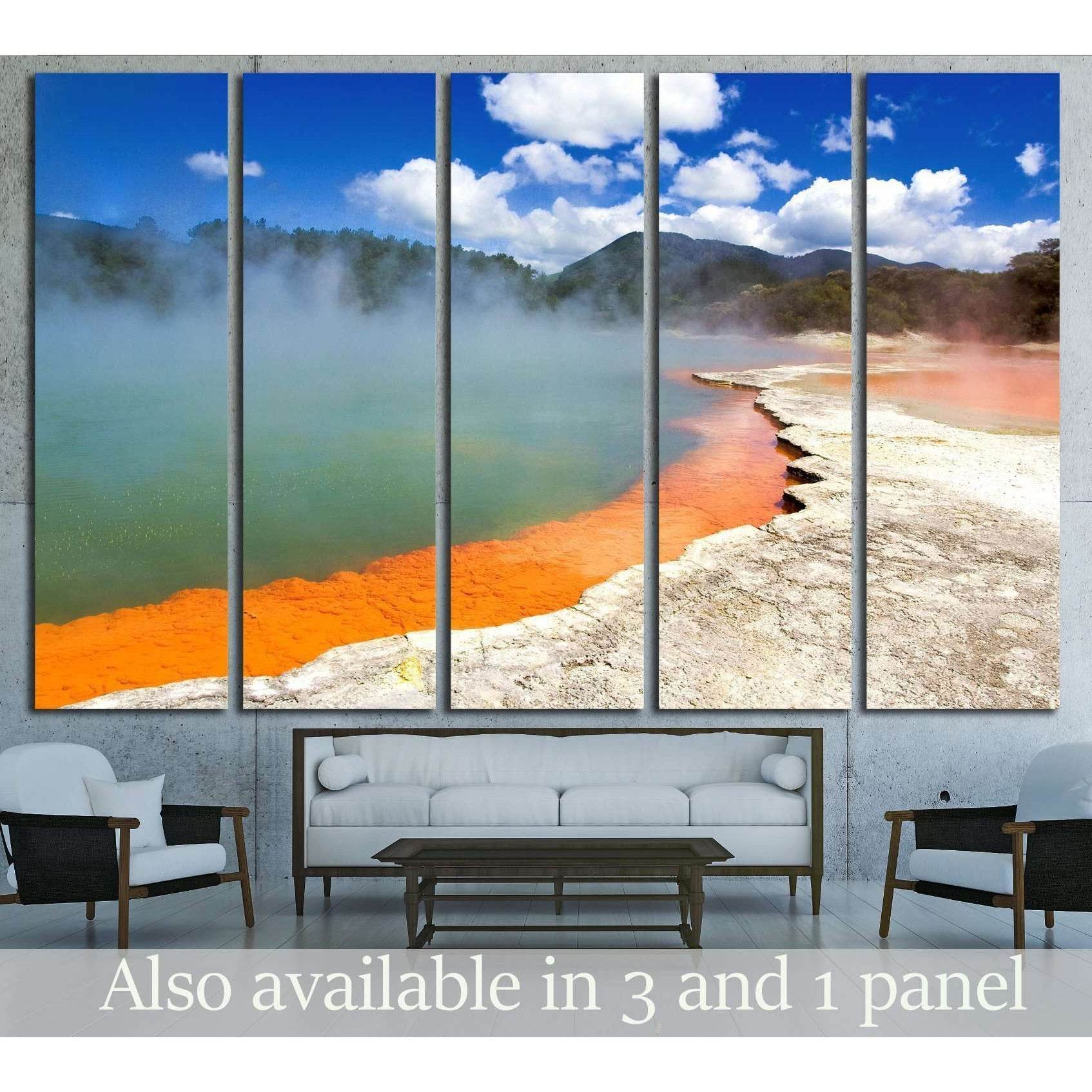 Champagne Pool canvas print at Wai-O-Tapu Rotorua above a sofa in a modern living room