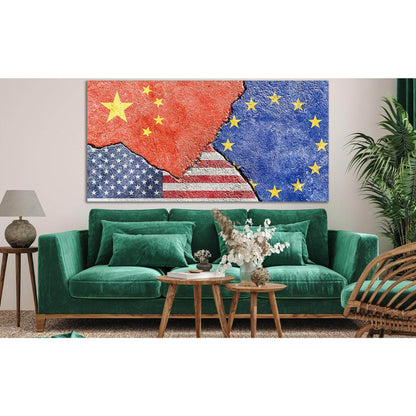 China Vs Usa Vs Eu National Flags №SL1183 Ready to Hang Canvas Print - Zellart Canvas Prints 0new, ALL_Products, Flags