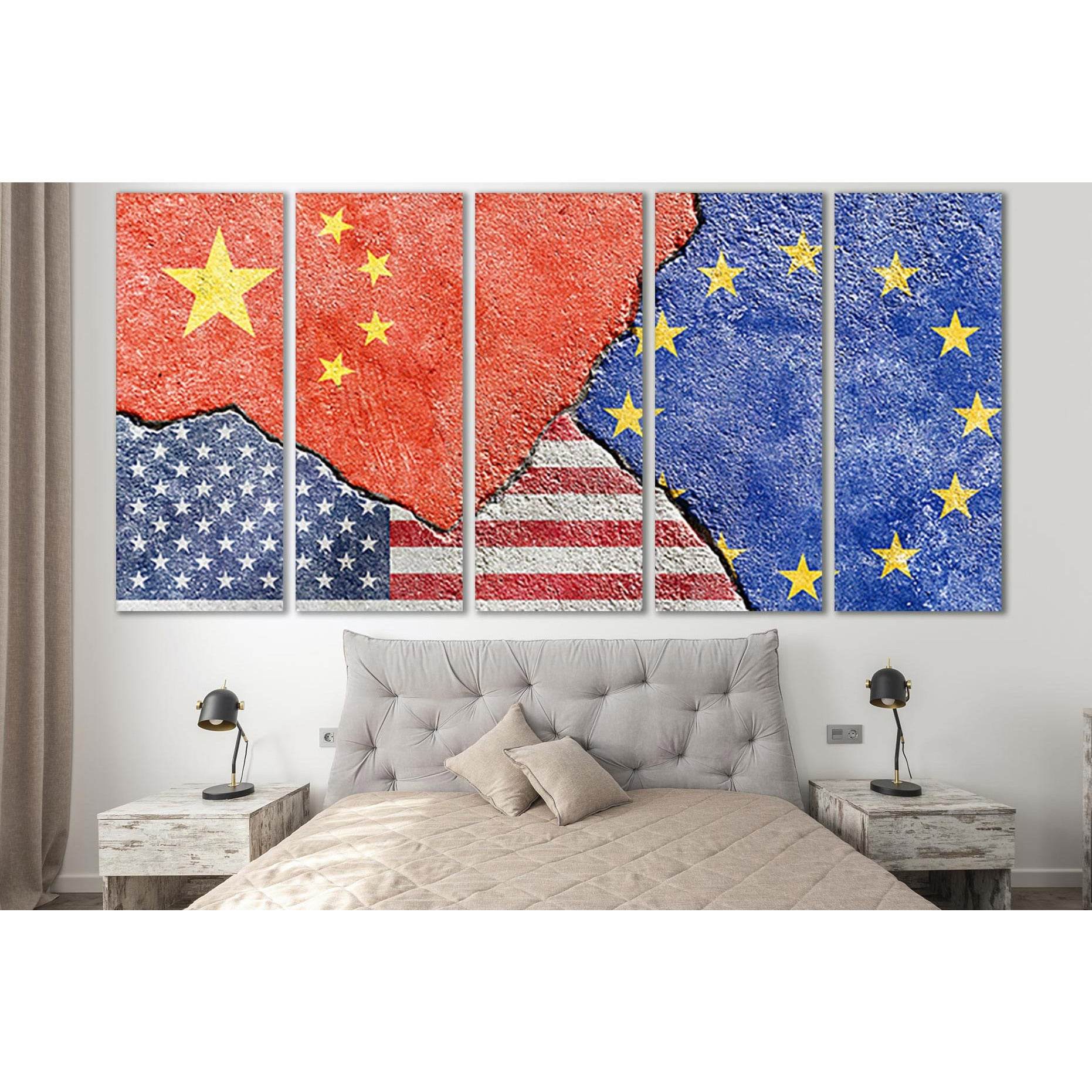 China Vs Usa Vs Eu National Flags №SL1183 Ready to Hang Canvas Print - Zellart Canvas Prints 0new, ALL_Products, Flags