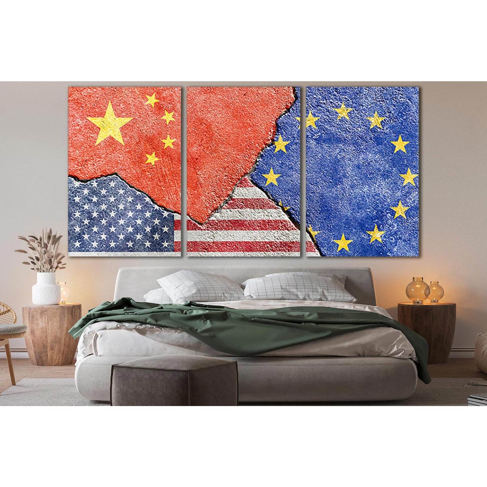China Vs Usa Vs Eu National Flags №SL1183 Ready to Hang Canvas Print - Zellart Canvas Prints 0new, ALL_Products, Flags