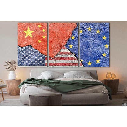 China Vs Usa Vs Eu National Flags №SL1183 Ready to Hang Canvas Print - Zellart Canvas Prints 0new, ALL_Products, Flags