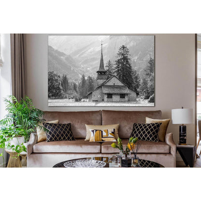 Church In The Mountains Black And White №SL832 Ready to Hang Canvas Print - Zellart Canvas Prints 0new, ALL_Products, Black & White Wall Art